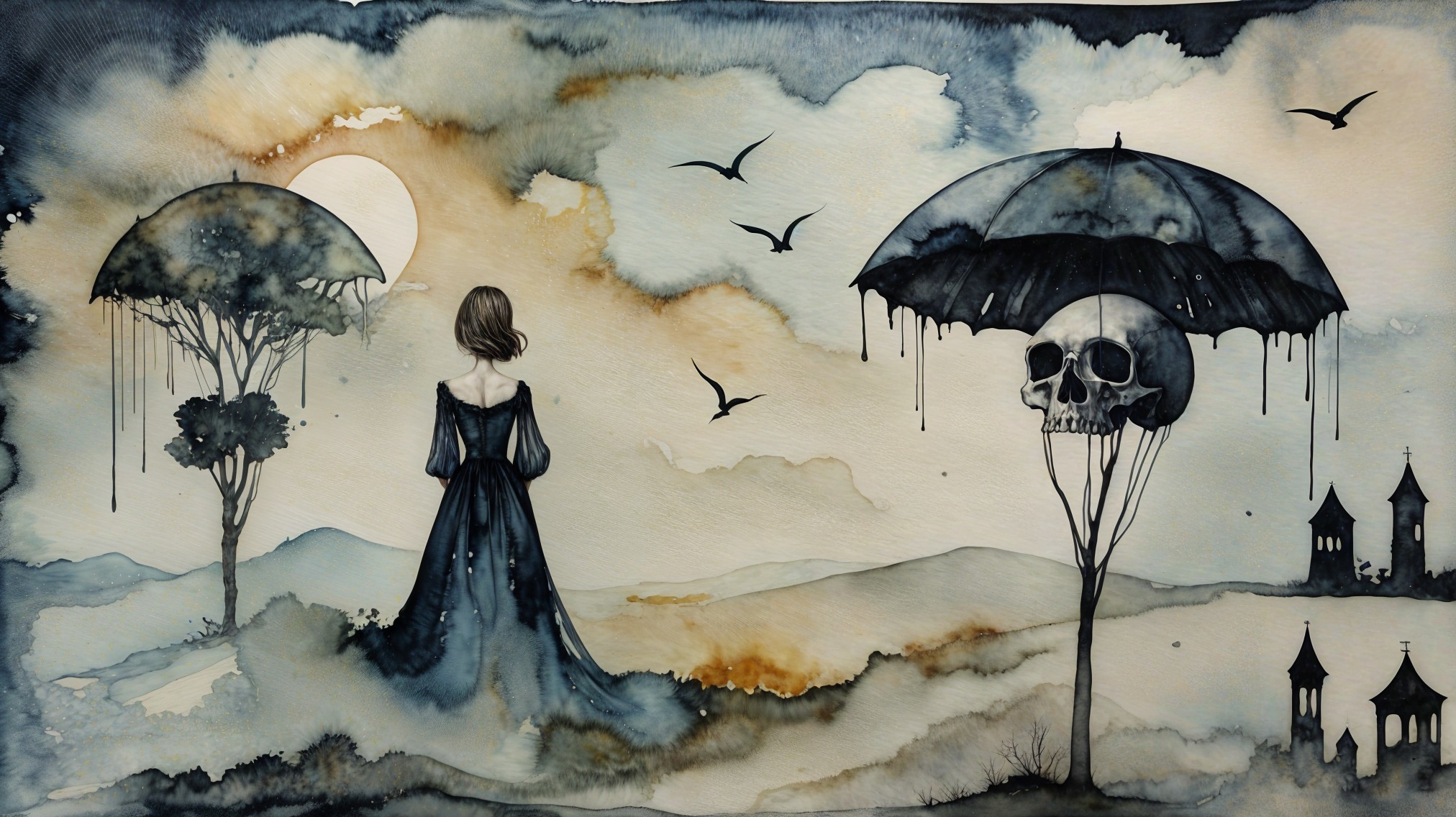 Dreamy Landscape with Figure and Ornate Umbrellas