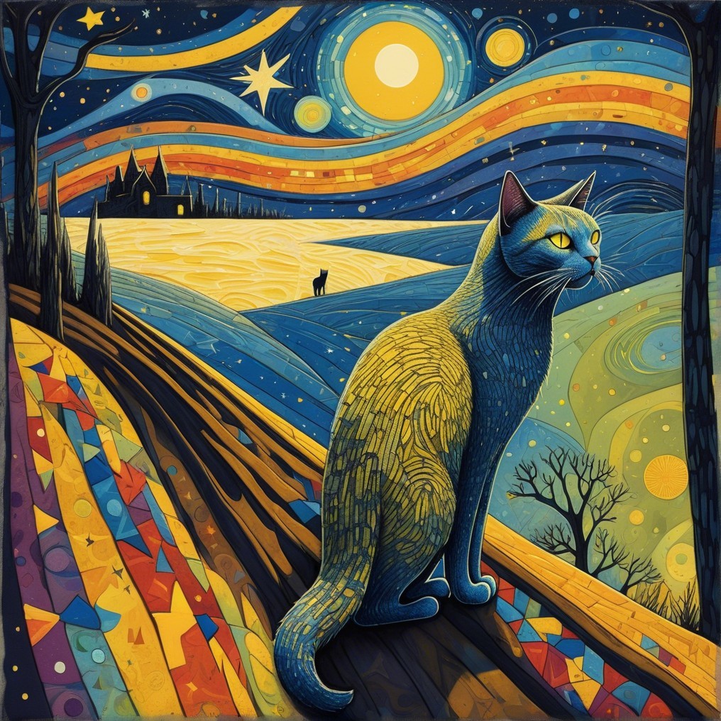 Vibrant Landscape with Cat and Magical Night Sky