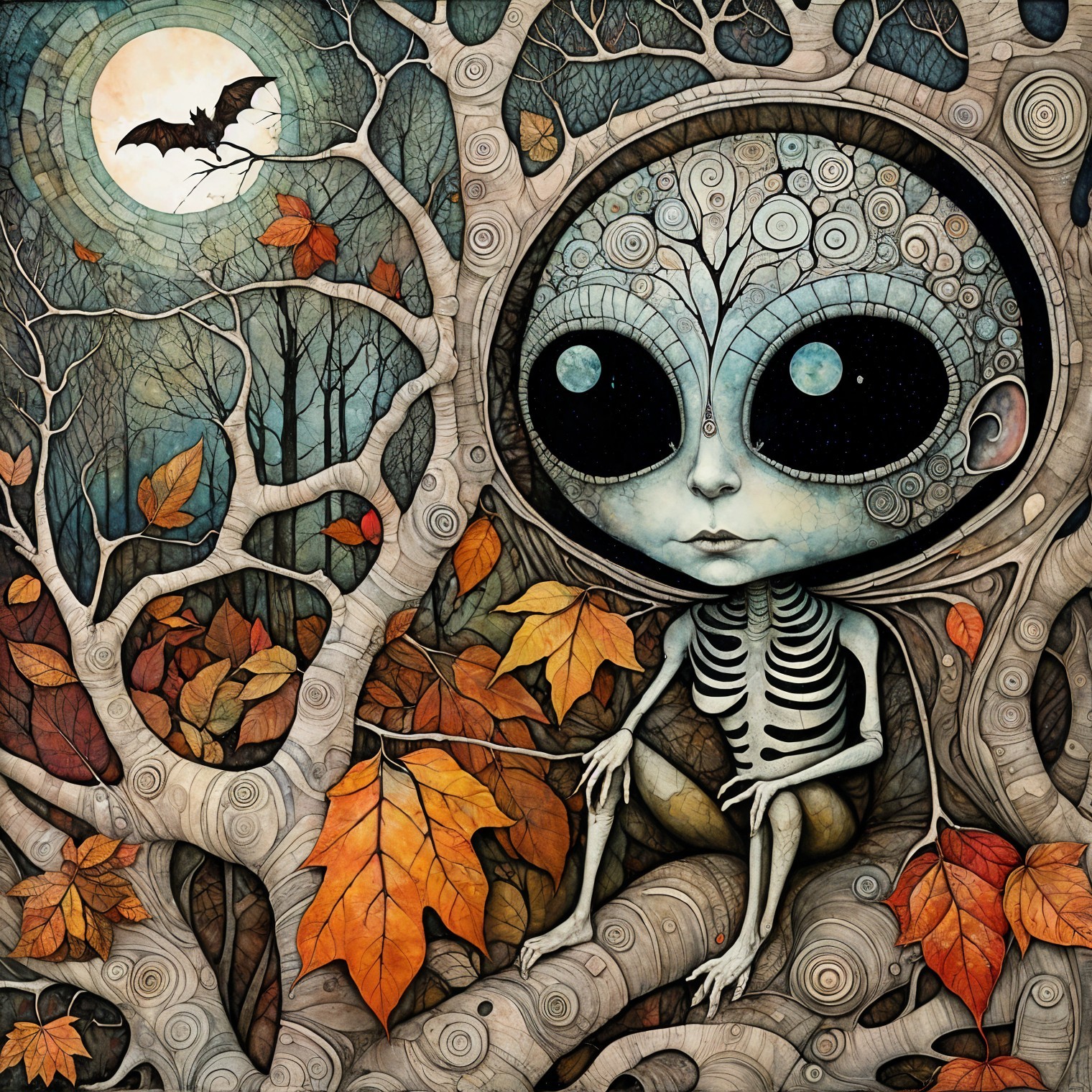 Surreal Scene of a Large-Eyed Figure in a Forest