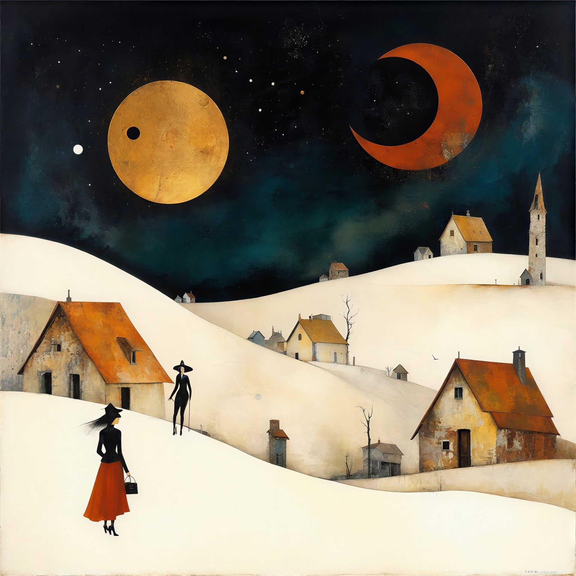 Dreamlike Winter Landscape with Moons and Village Scene