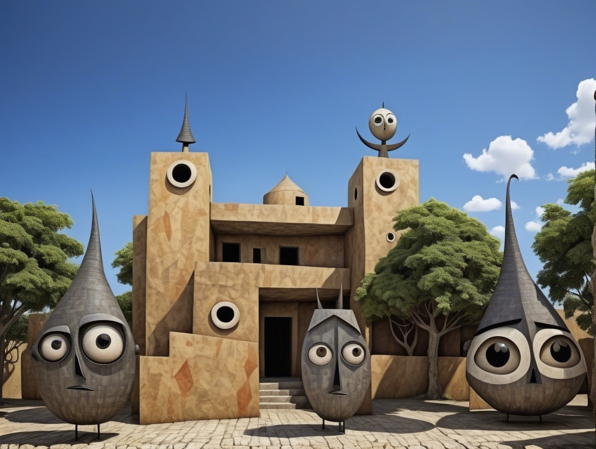 Whimsical Castle Structure with Quirky Characters and Trees
