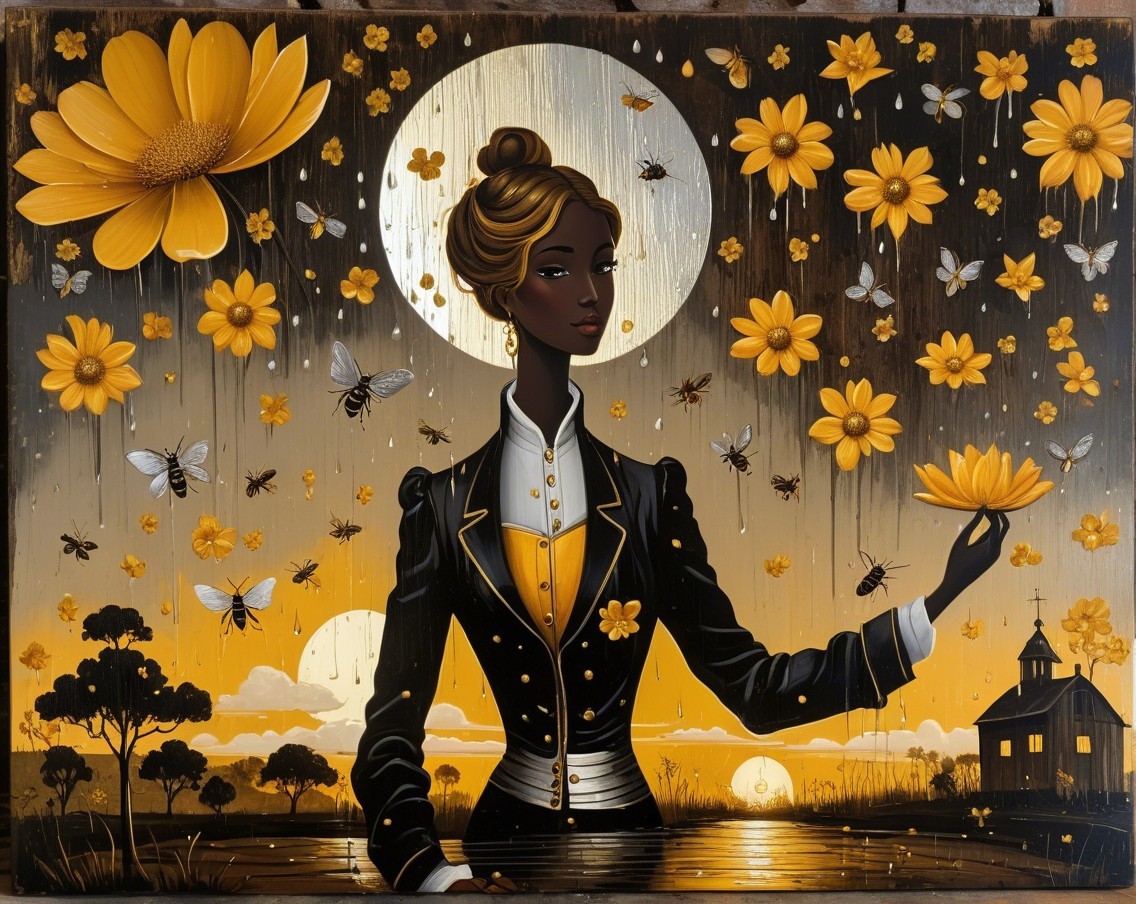 Elegant Woman in Black and Gold Amidst Nature's Beauty