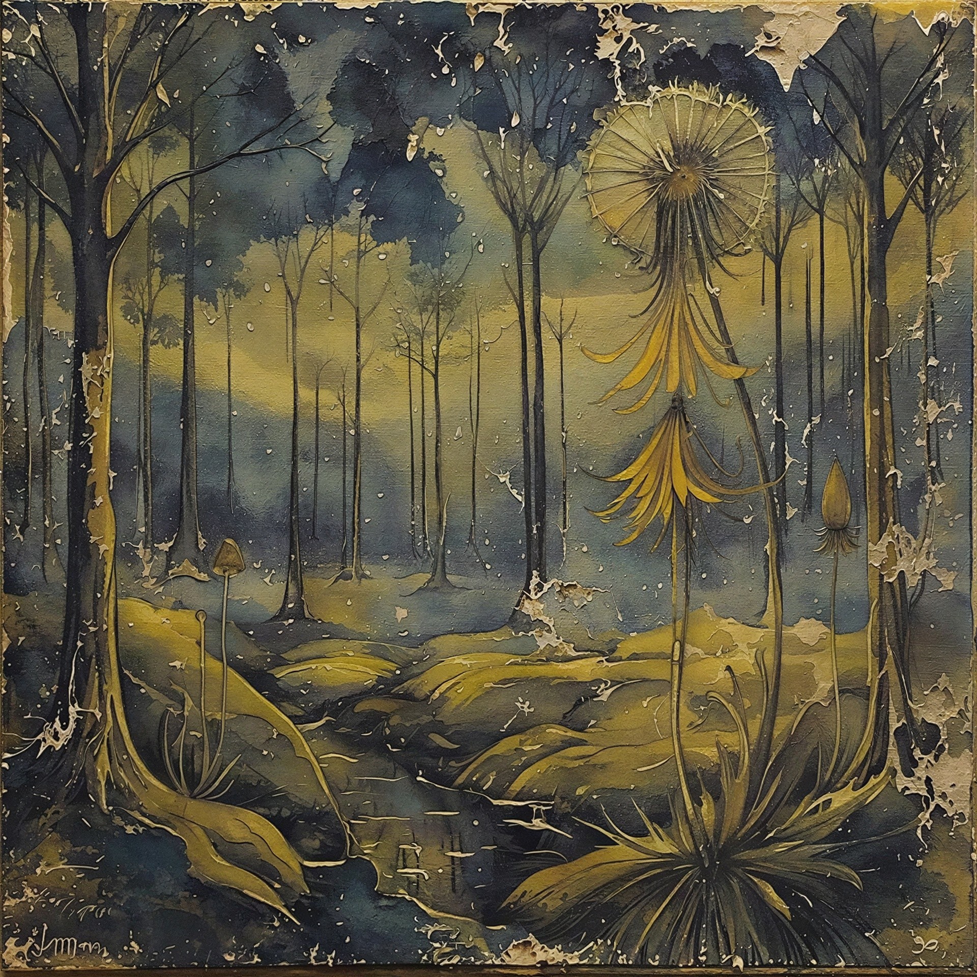 Watercolor Forest Scene with Stylized Plants and Trees