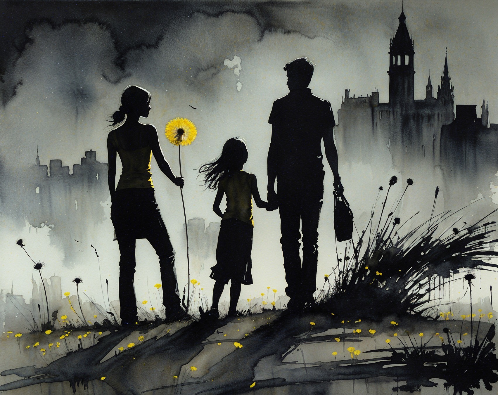 Silhouetted Family Against Misty Skyline in Watercolor