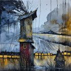 Surreal Landscape with Wooden House and Cats
