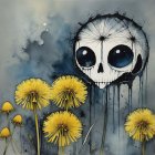 Cartoonish Skull Oil Painting with Floral Elements