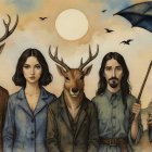 Five Stylized Women Against Abstract Yellow and Blue Background