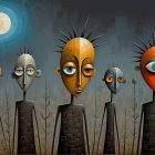 Stylized Figures in Abstract Landscape with Moon