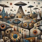 Whimsical Abstract Landscape with Birds and Flowers