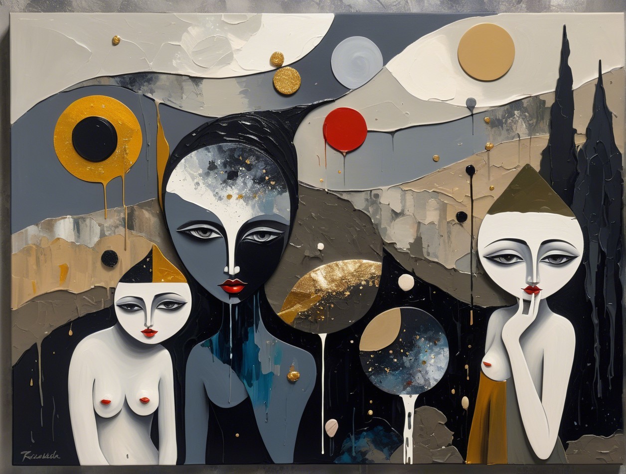 Abstract Digital Painting of Three Stylized Female Figures