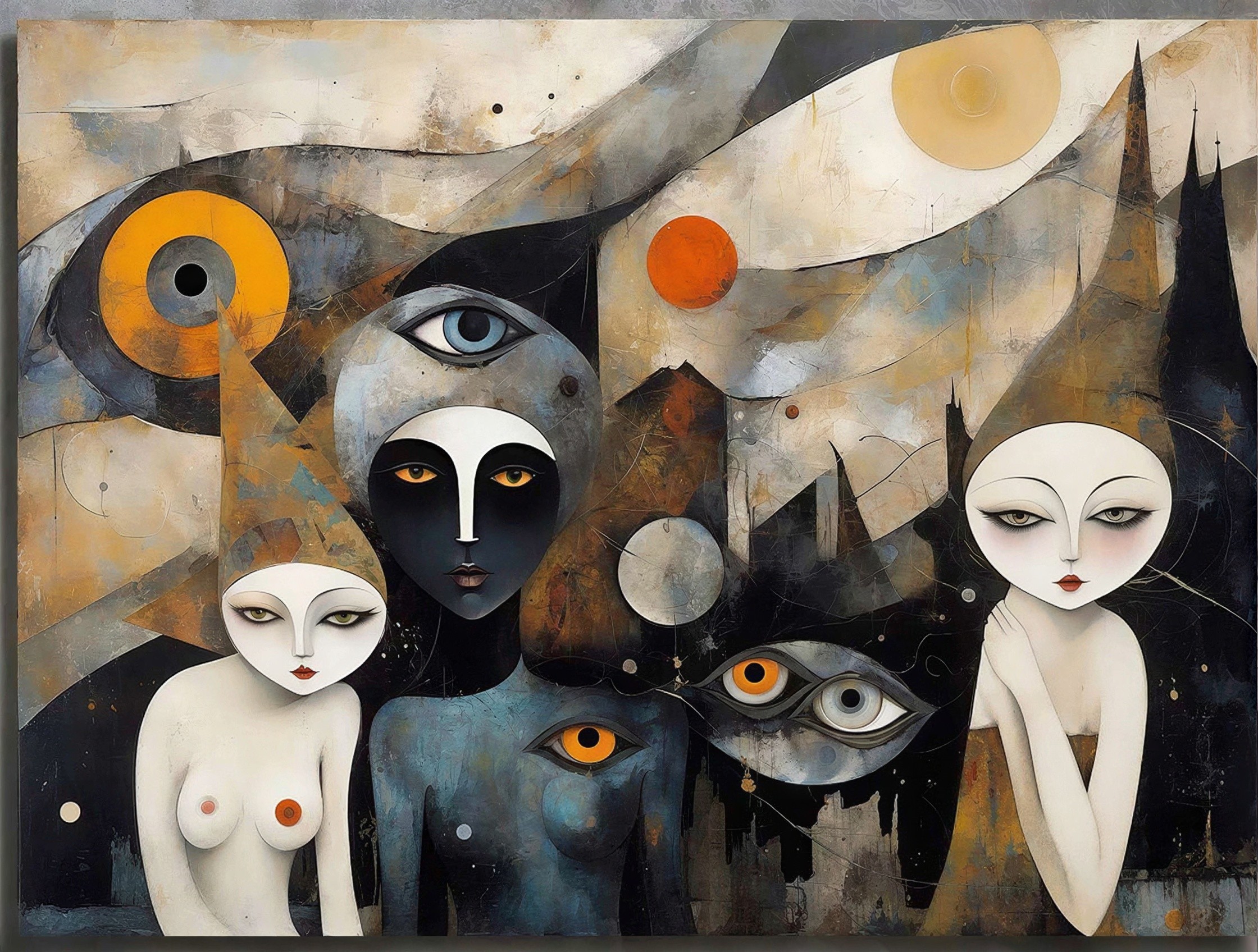 Dramatic Painting of Pale and Dark Figures with Orange Accents