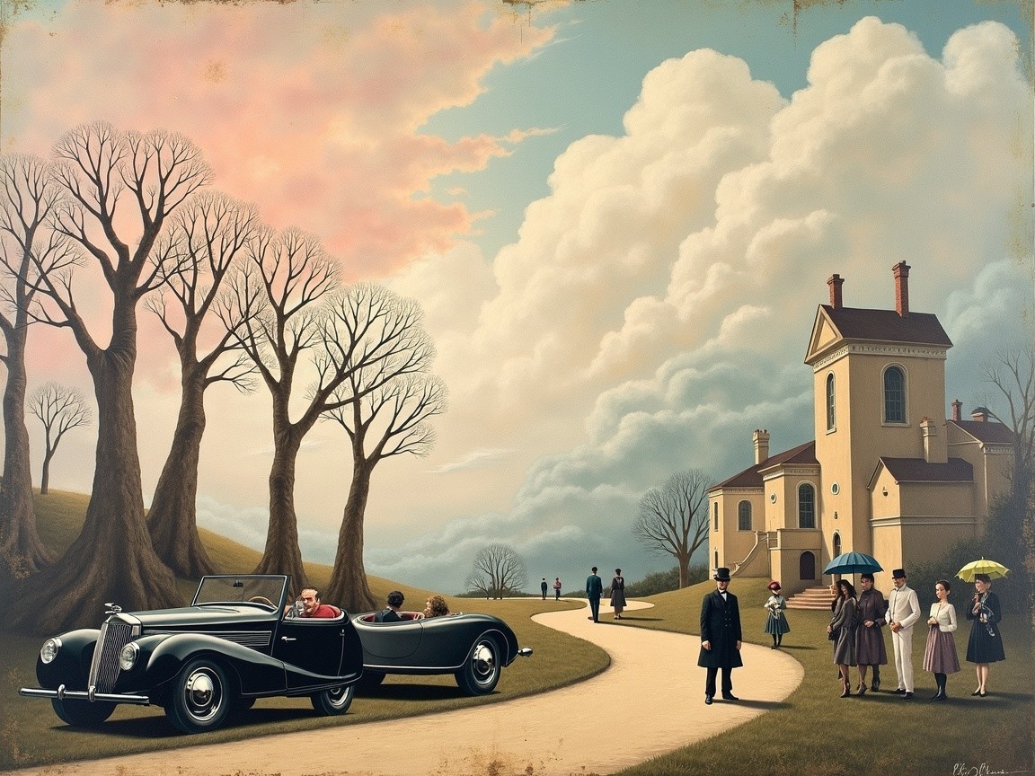 Classic Car by Mansion with Trees and Umbrellas