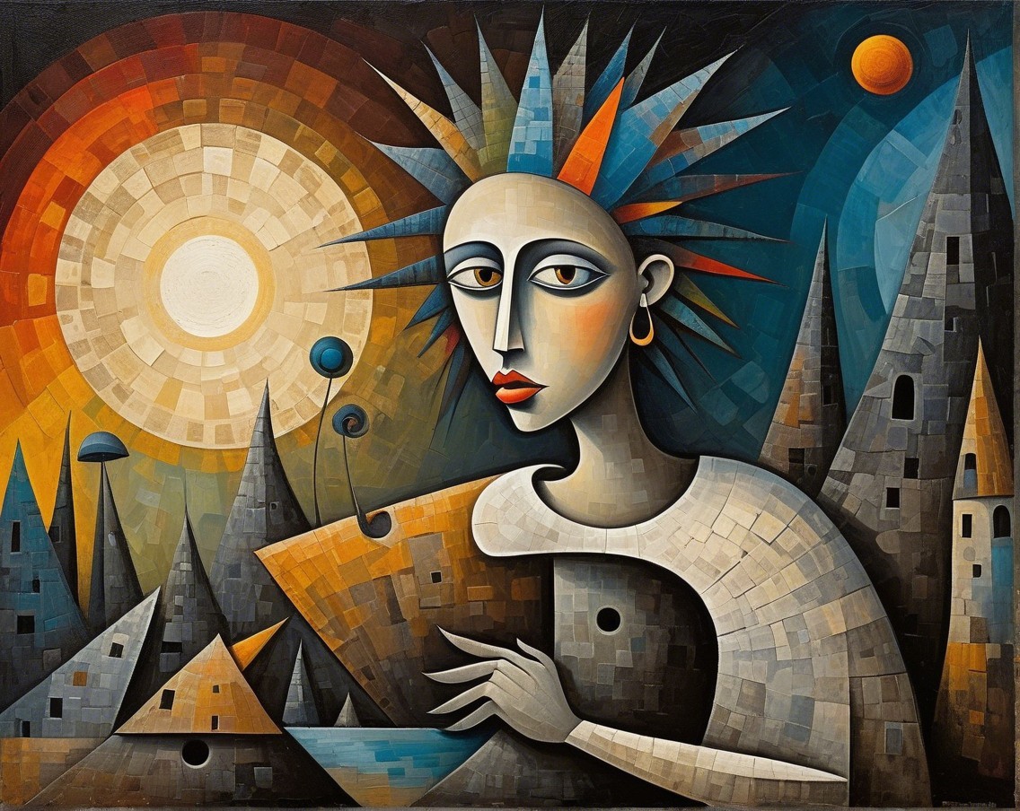 Stylized Figure with Geometric Background and Sun