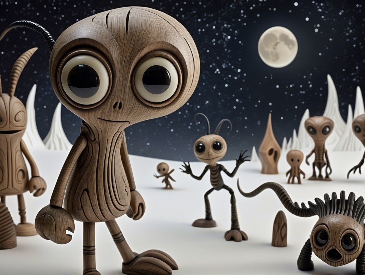 Whimsical Alien Landscape with Stylized Wooden Characters