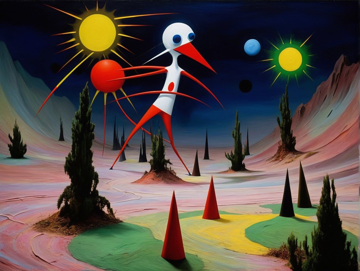 Surrealist painting with humanoid figure in alien landscape