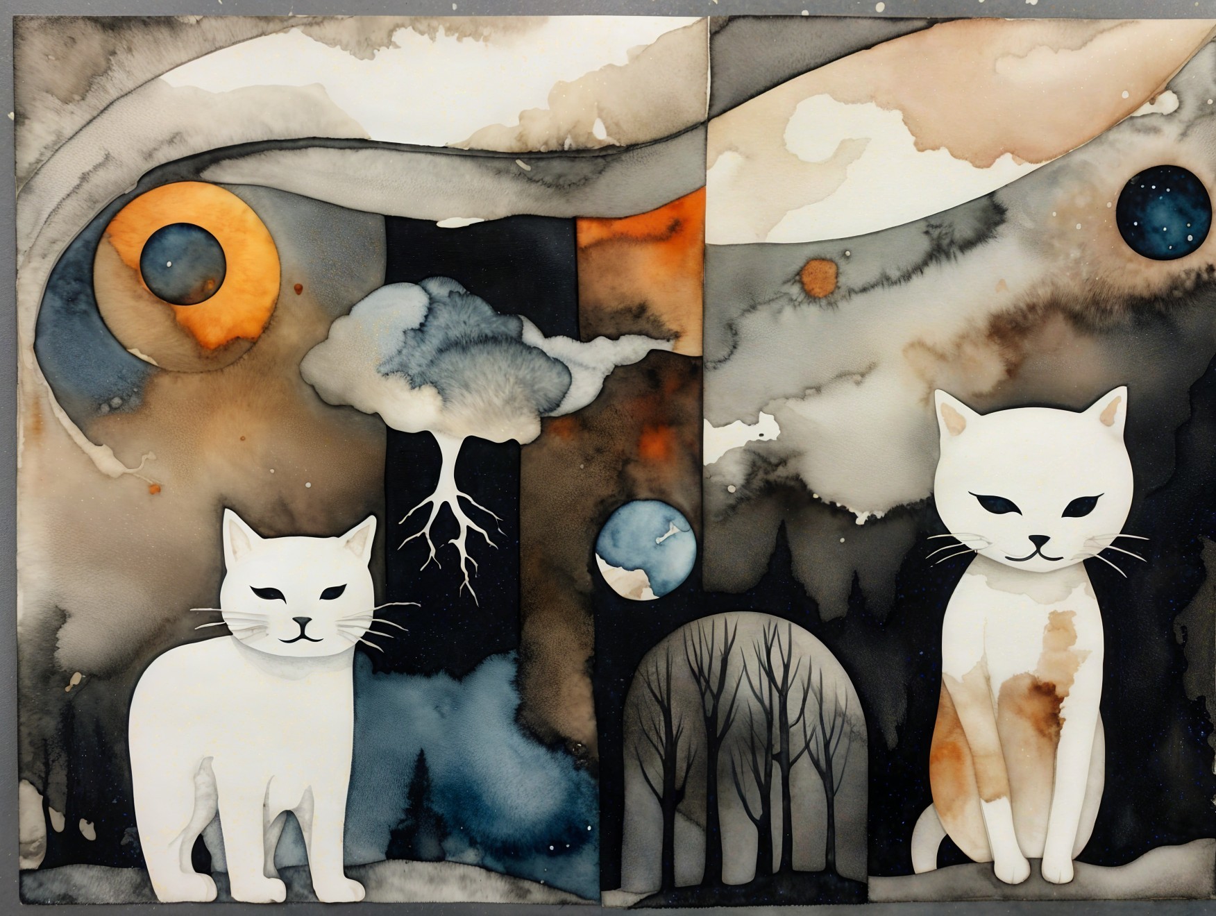 White Cats in Dreamlike Surreal Landscape Art