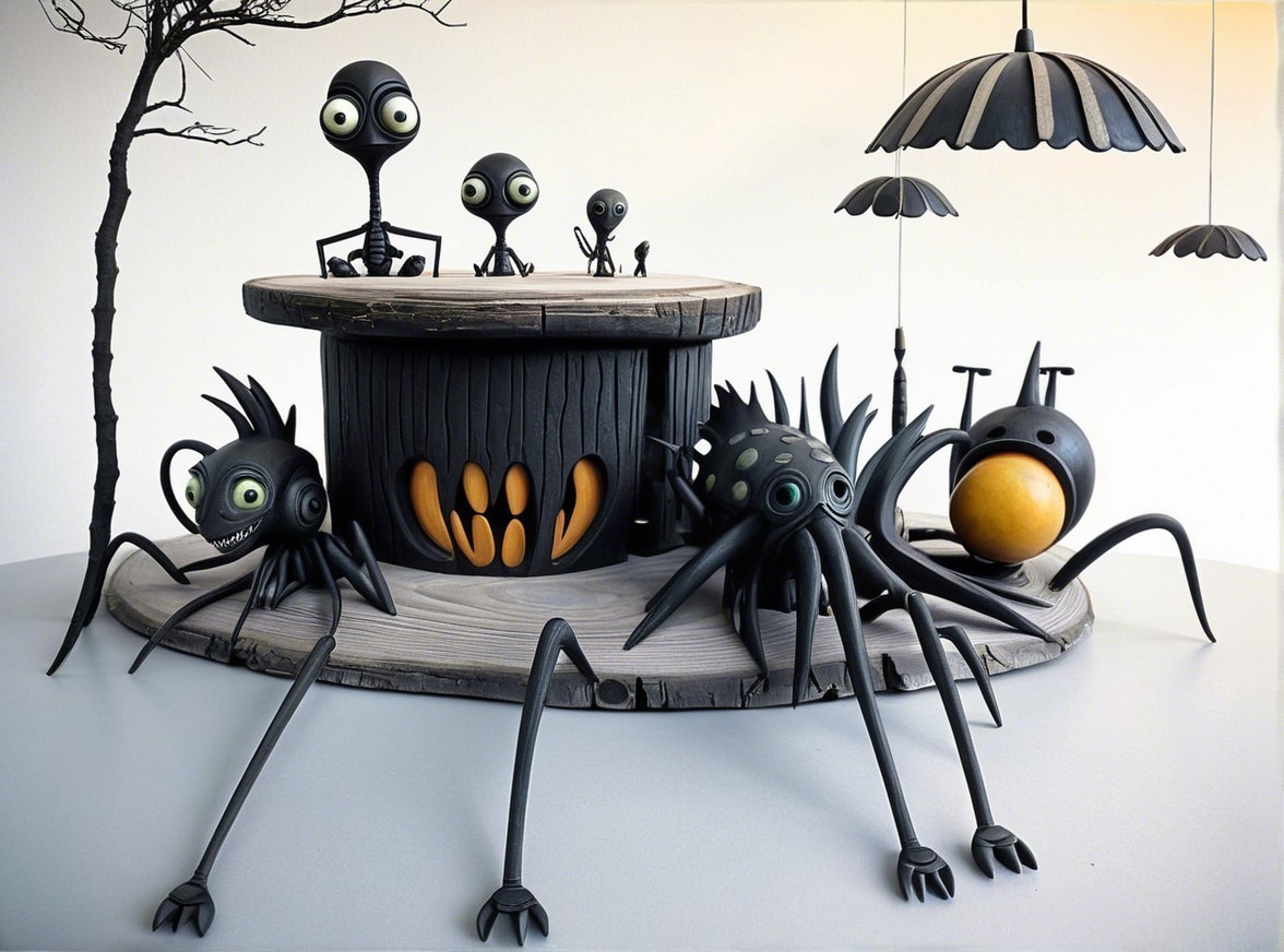 Whimsical Gathering of Stylized Creatures and Spiders