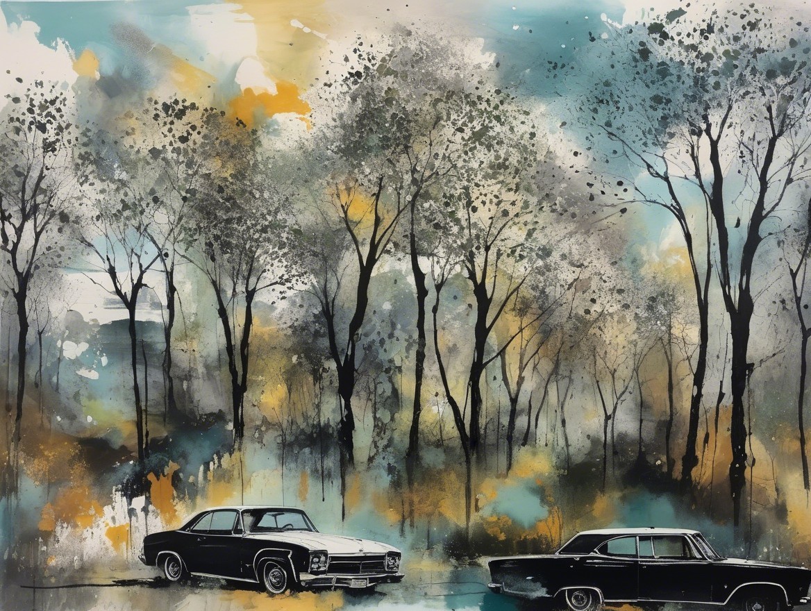 Classic Cars in Tranquil Landscape with Abstract Trees