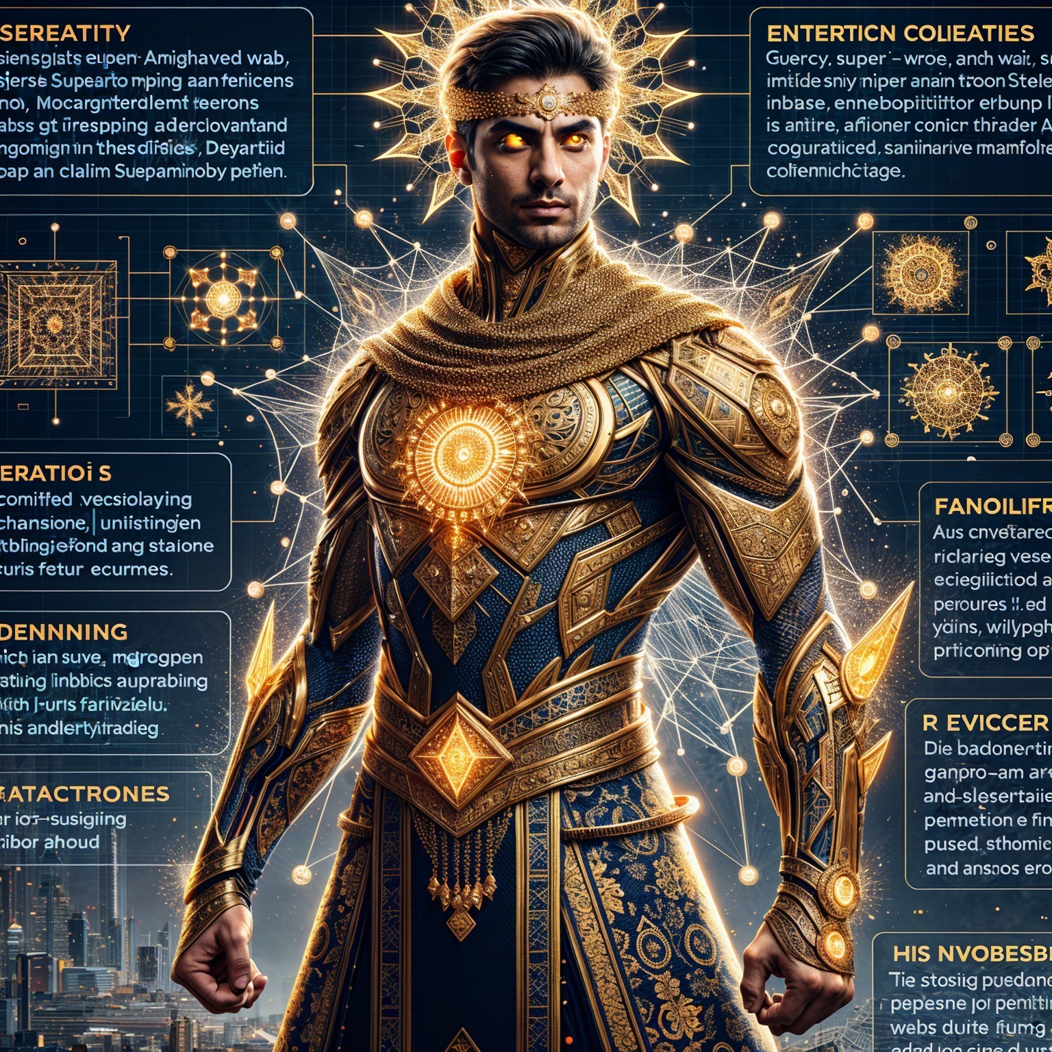 Regal Figure in Golden Armor with Cosmic Background