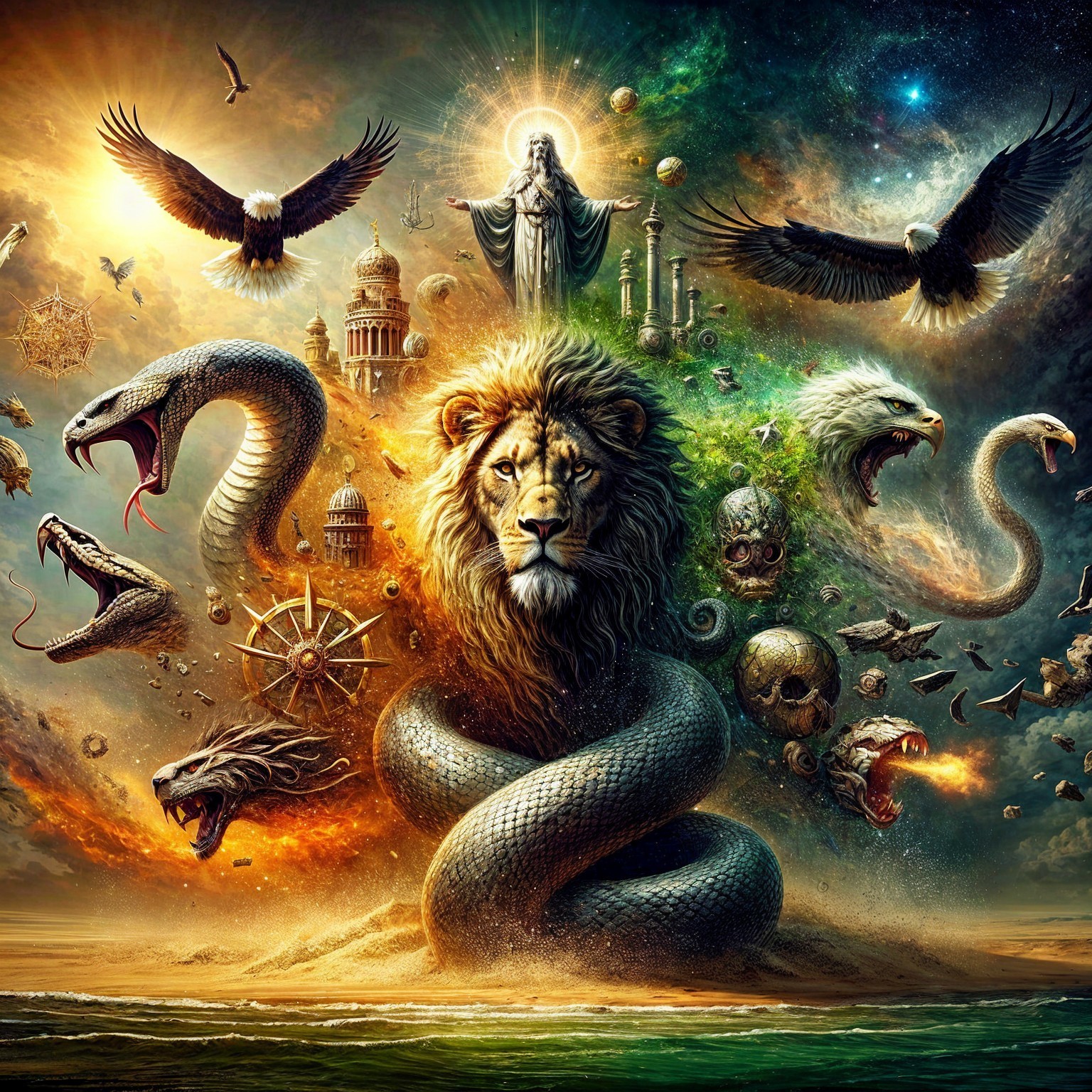 Lion vs. Eagle and Snake