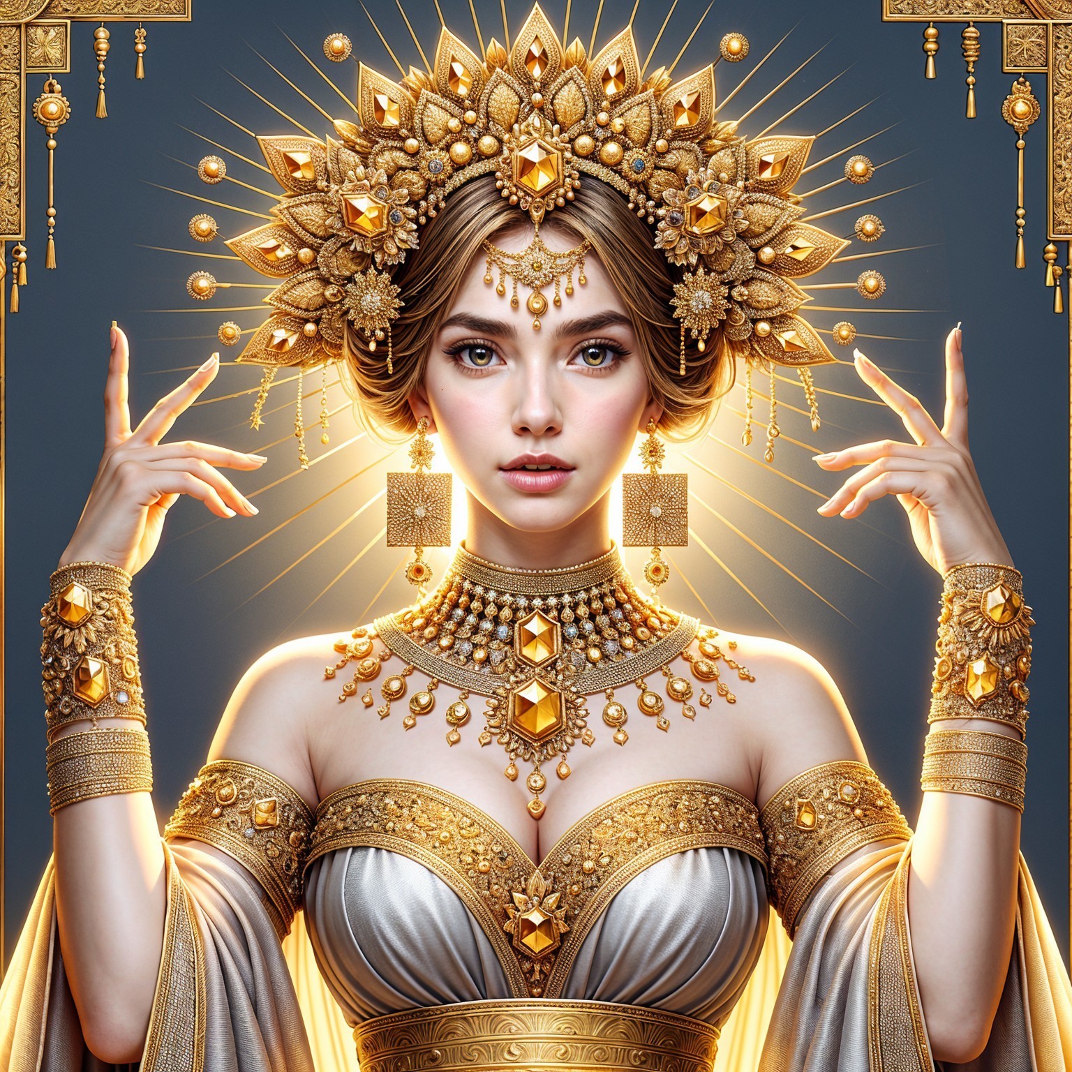 Majestic figure in silver gown and golden jewelry