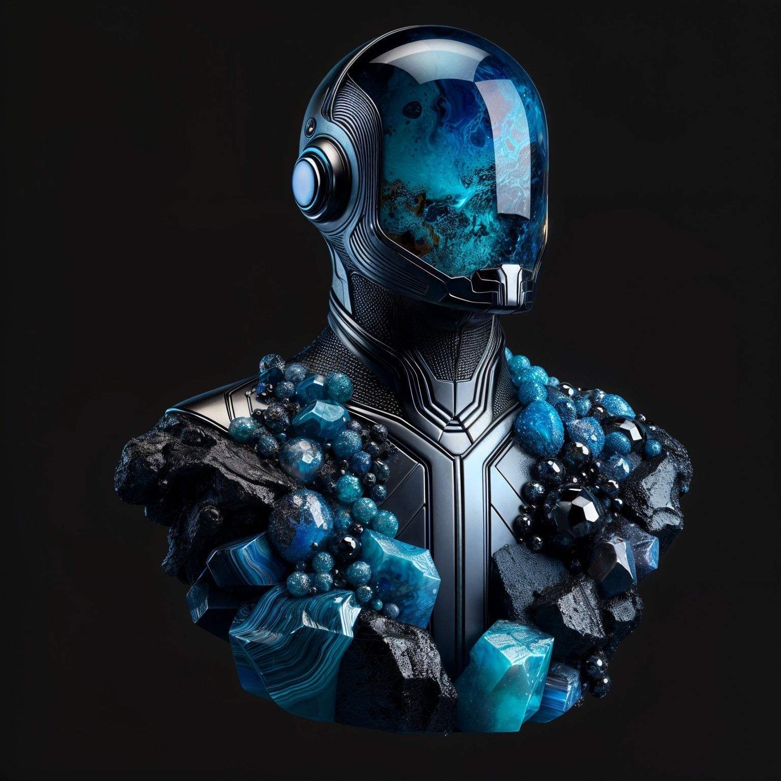 Futuristic Humanoid Bust with Metallic Design and Gemstones