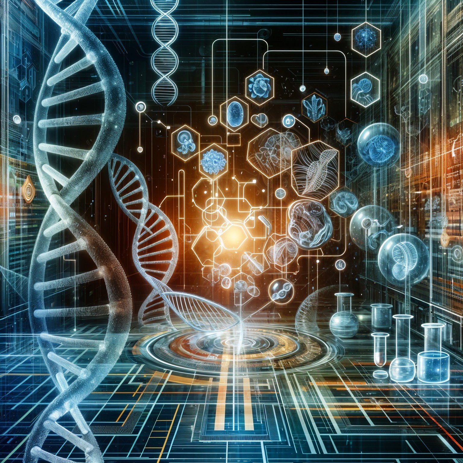 Futuristic Digital Landscape with DNA and Biotechnology Elements