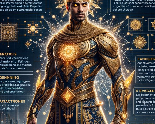 Regal Figure in Golden Armor with Cosmic Background