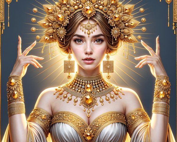 Majestic figure in silver gown and golden jewelry