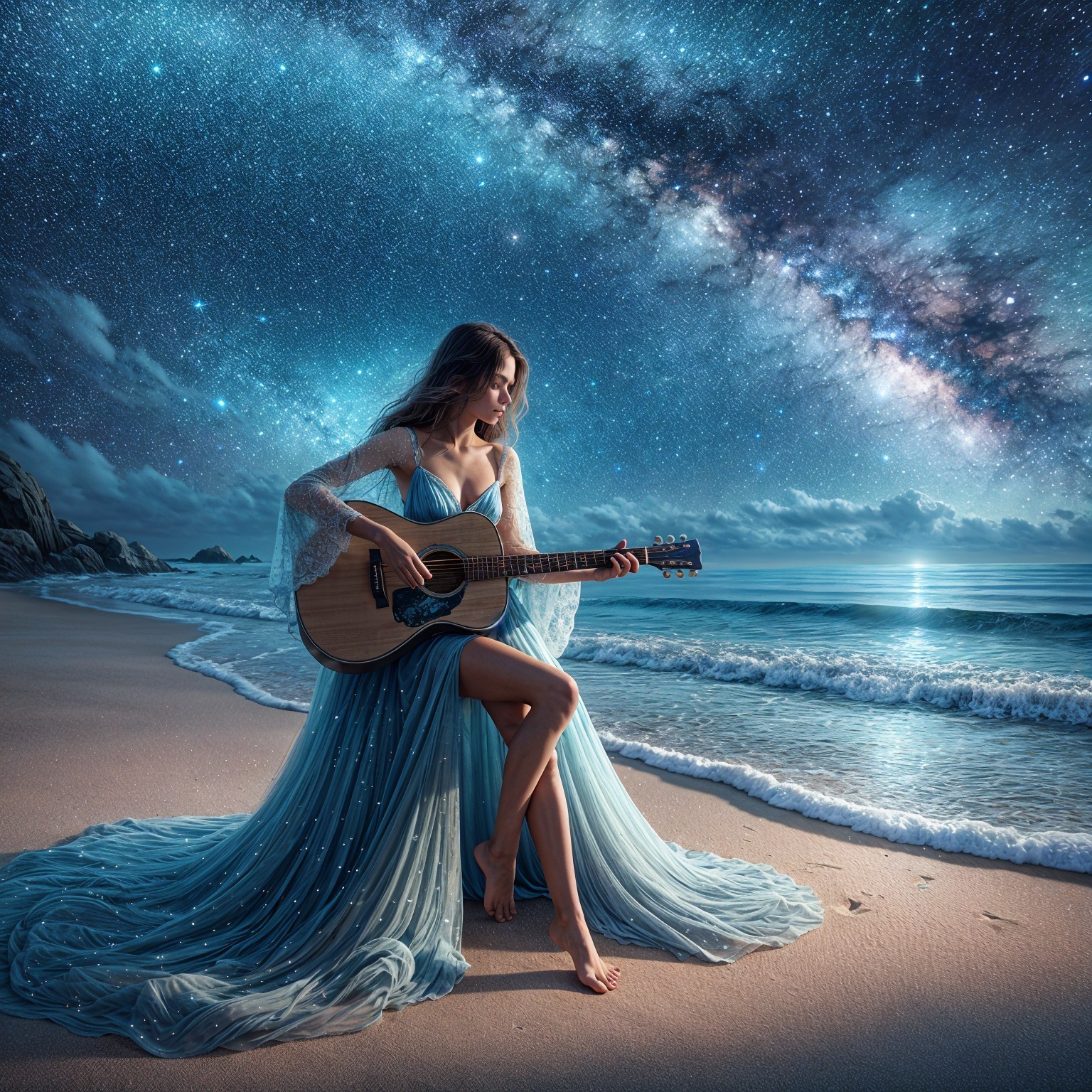 Serene Beach Scene Under Starry Night Sky