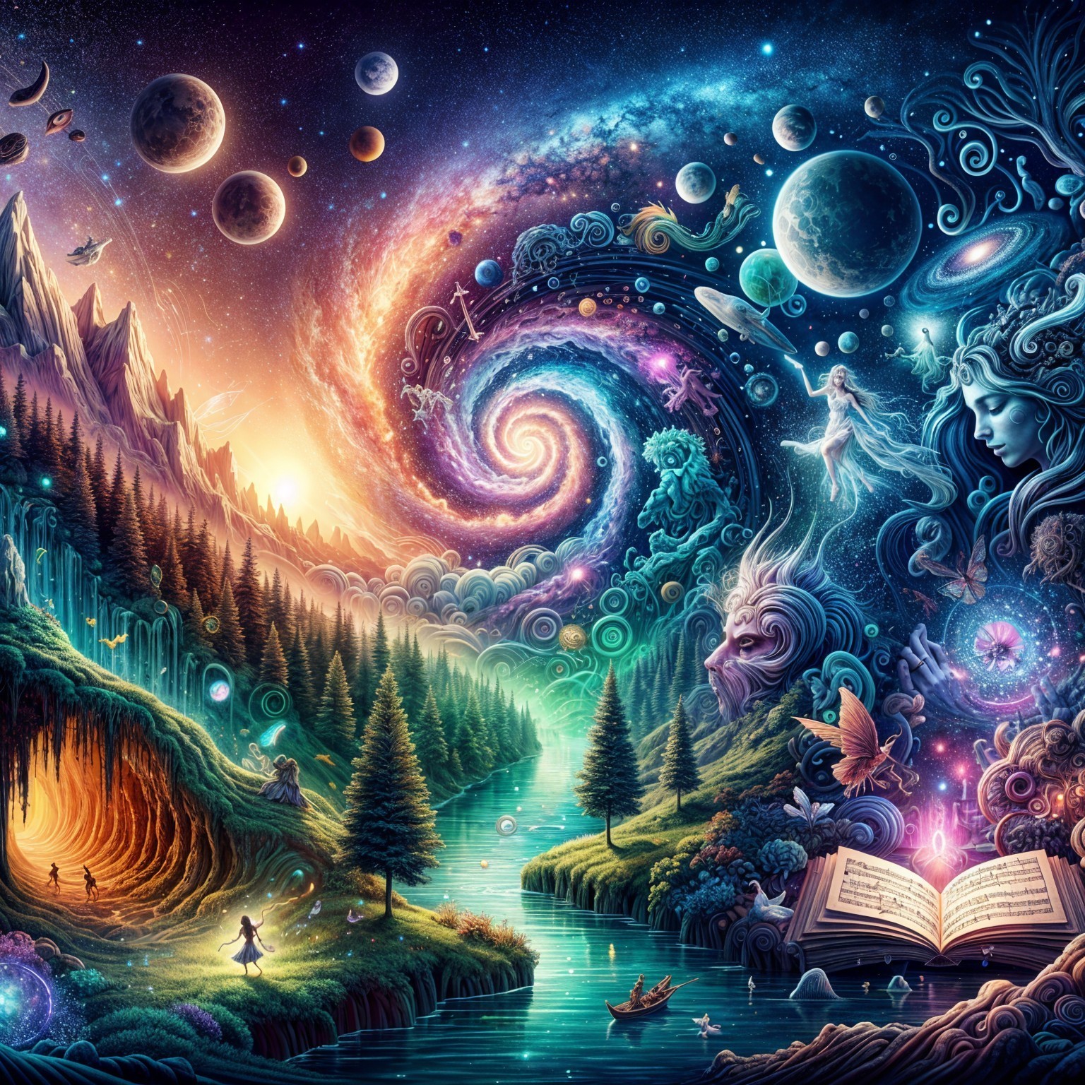 Cosmic Landscape with Nature and Ethereal Elements