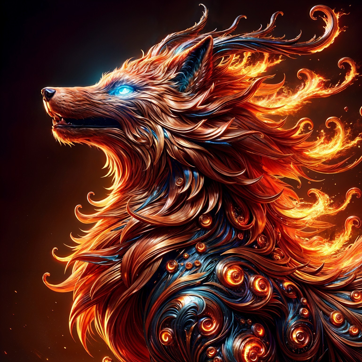 Majestic Creature with Fiery Fur and Glowing Eyes