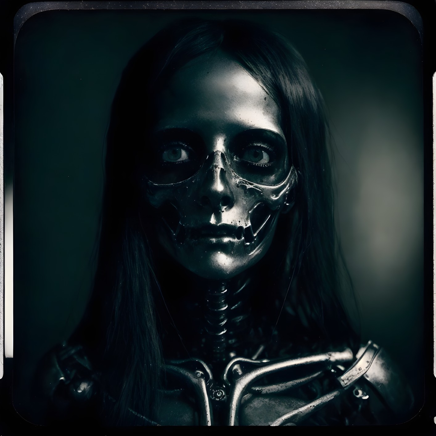 Person in Dark Metallic Robot Mask in Dim Lighting