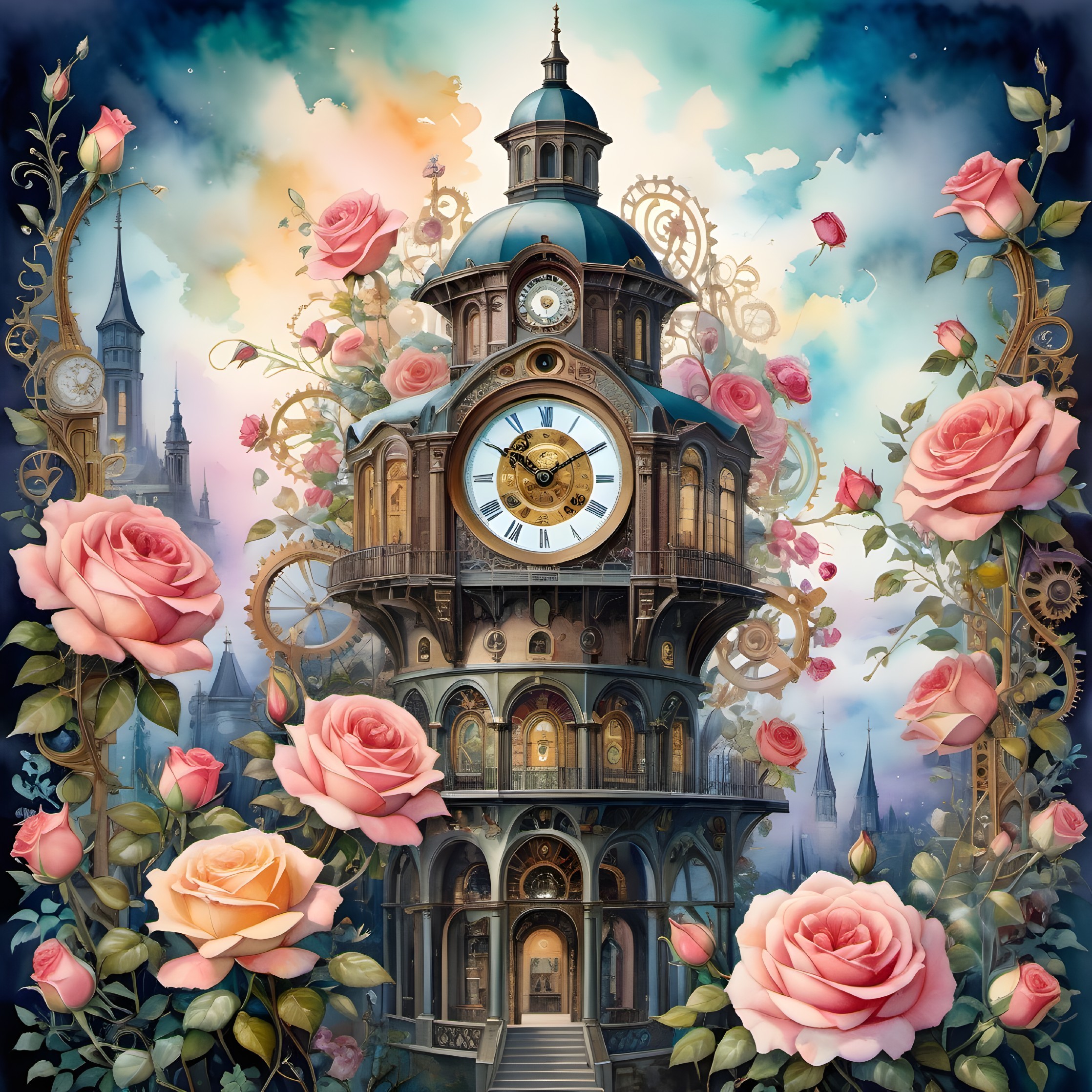 Whimsical Clock Tower with Gears and Roses