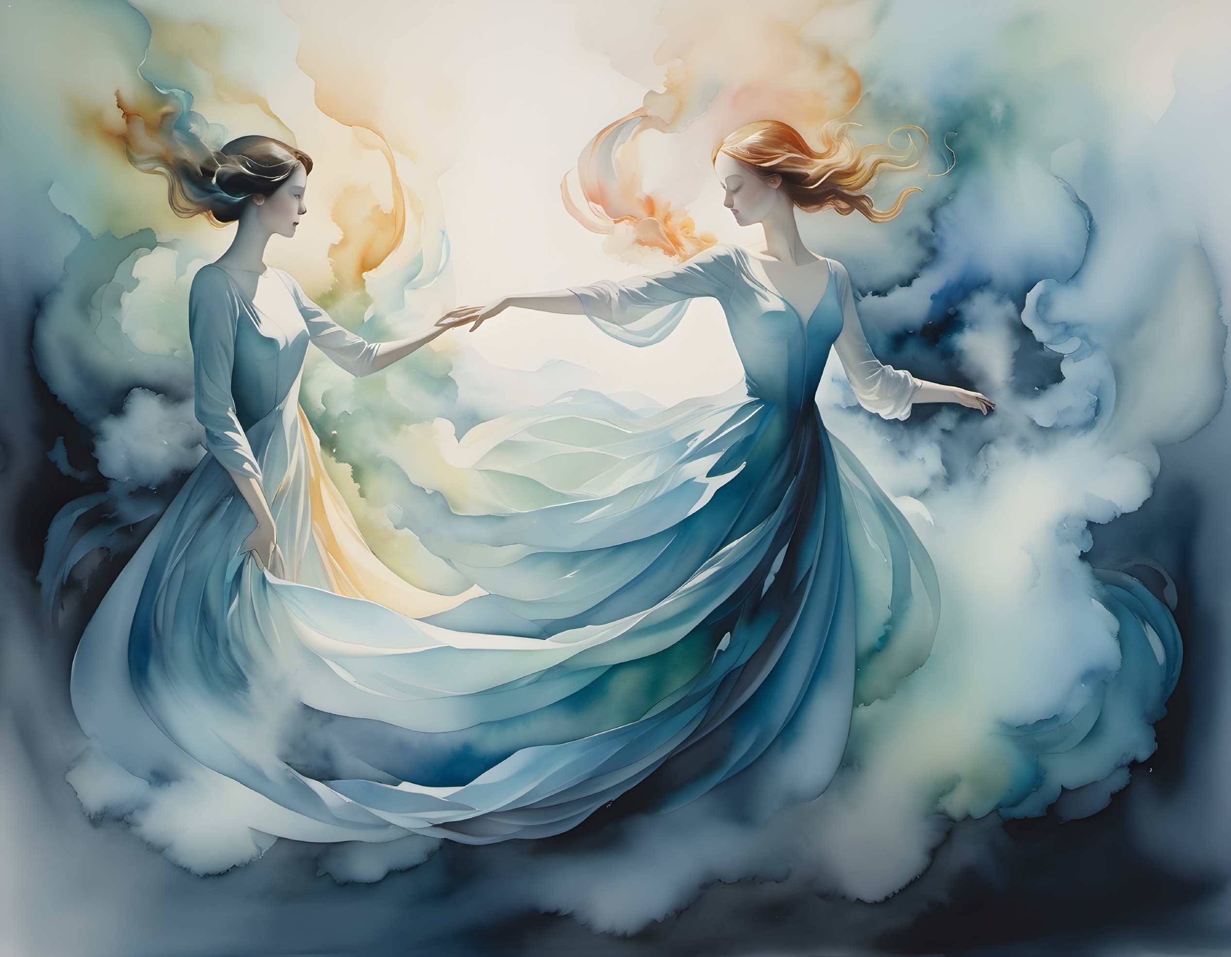Ethereal Figures Dancing in Blue and Gold Clouds