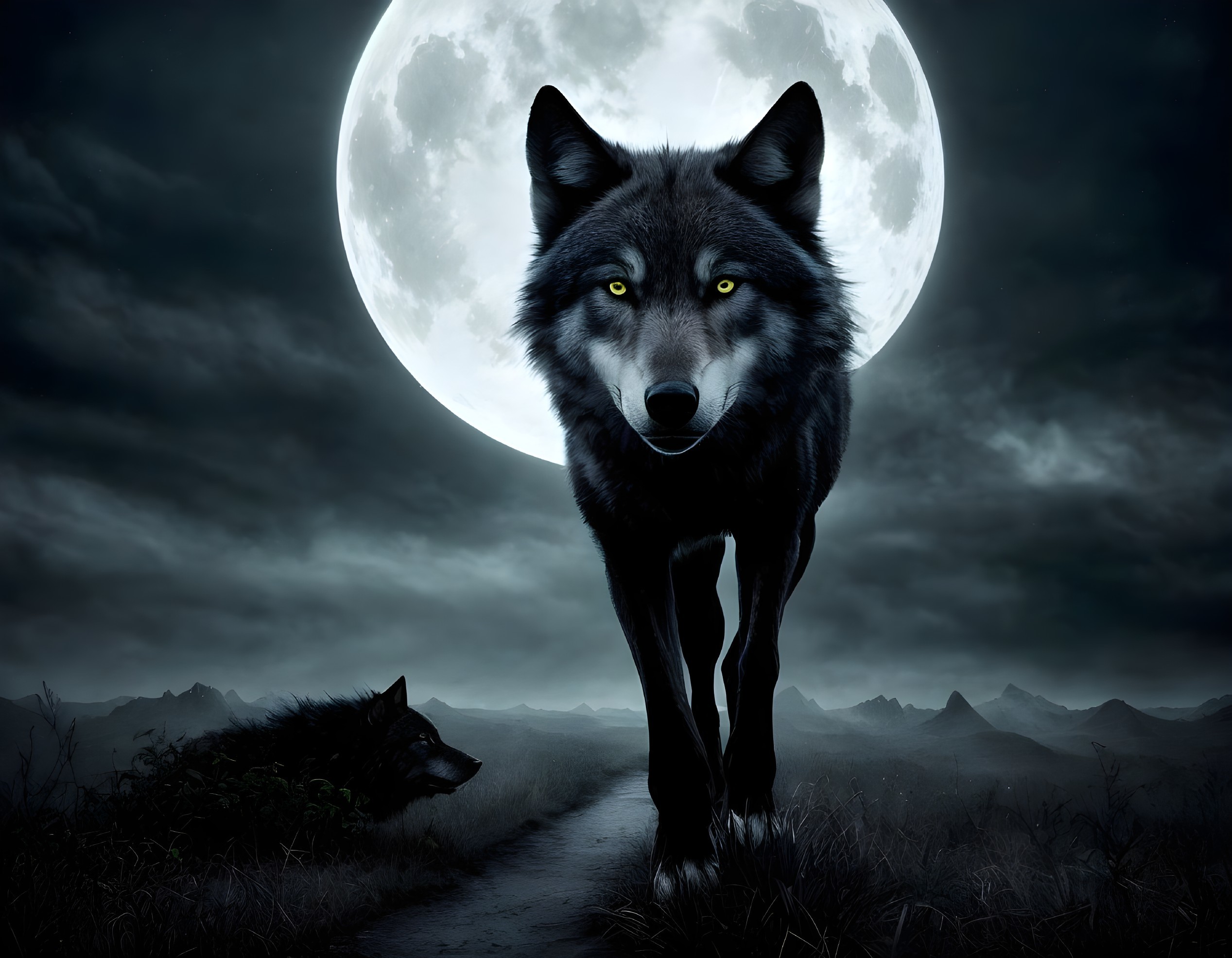 Wolf Under Full Moon in Dark Moody Landscape
