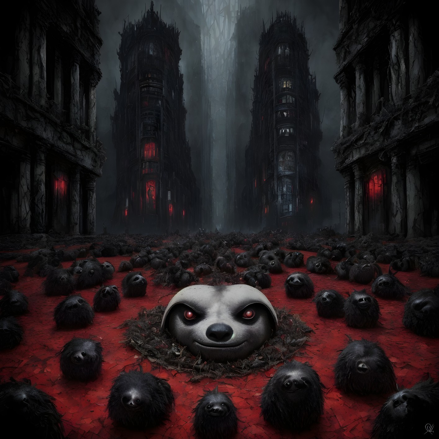 Eerie Landscape with Decaying Buildings and Creatures