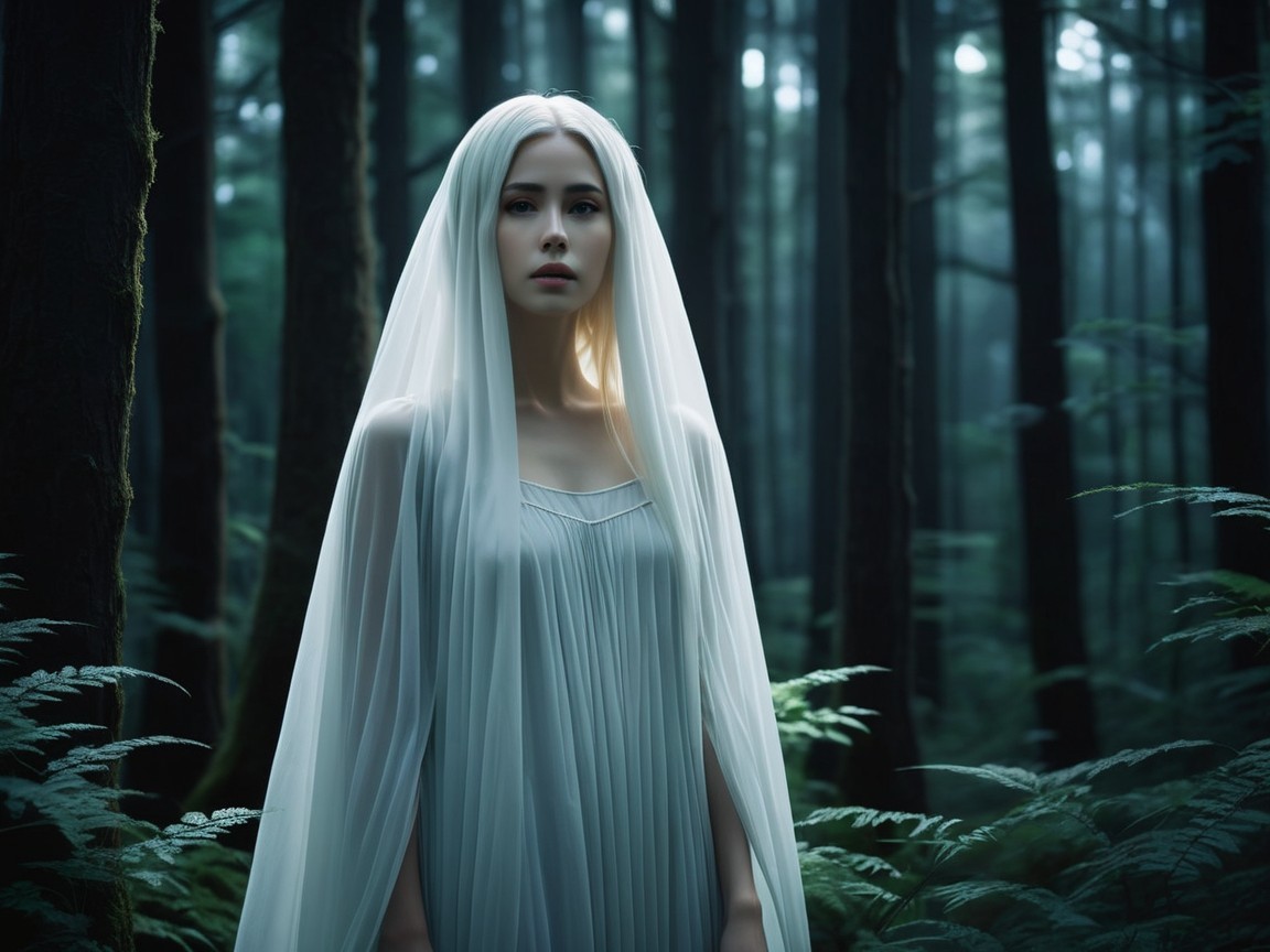 Mystical Forest Scene with Ethereal Figure and Light