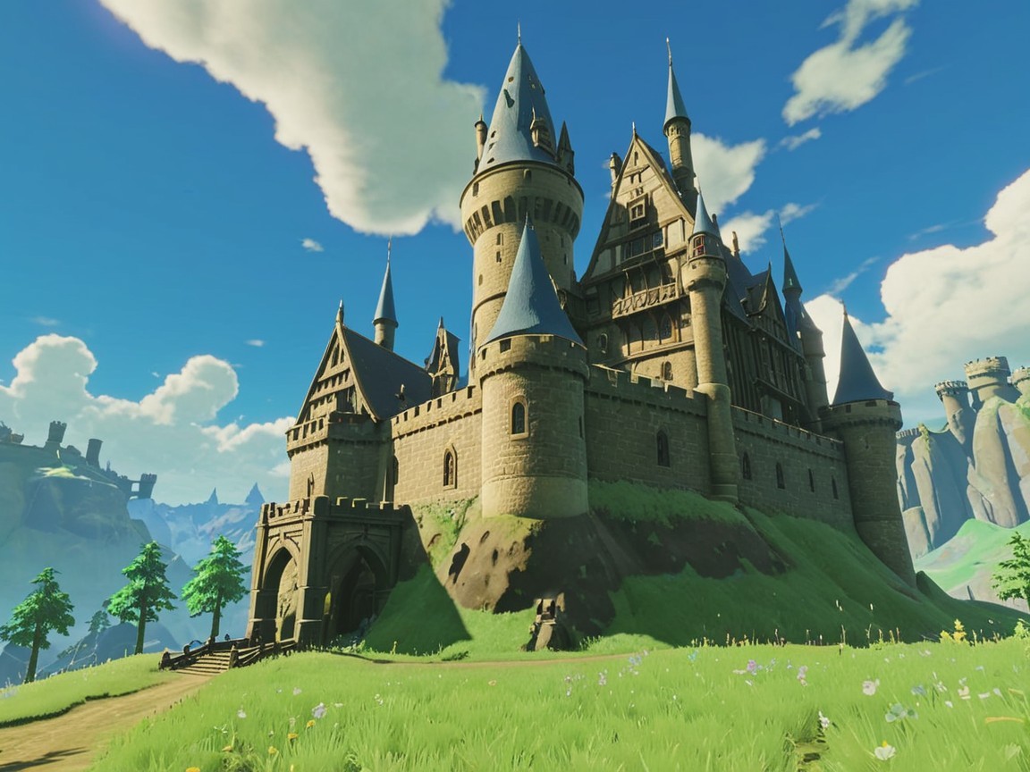 Majestic Castle on a Grassy Hill Surrounded by Nature
