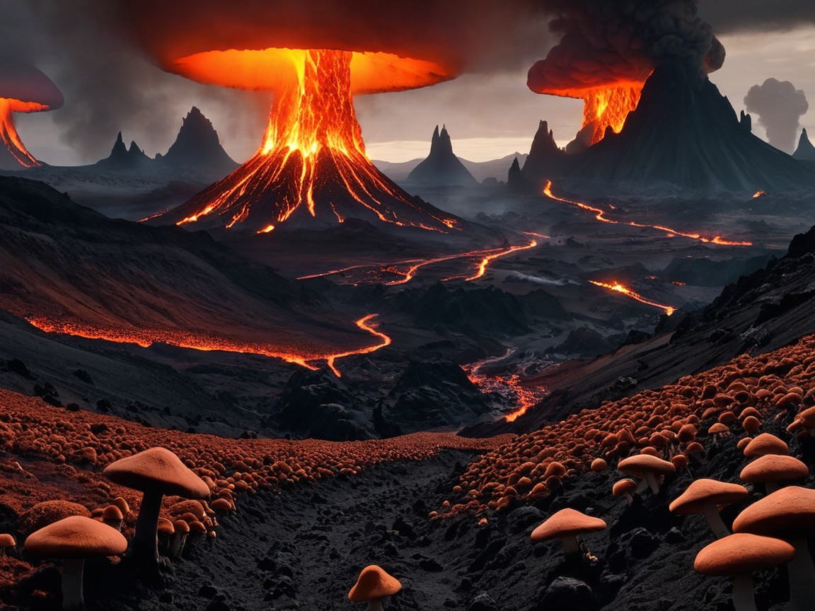 Dramatic volcanic landscape with erupting volcanoes and lava
