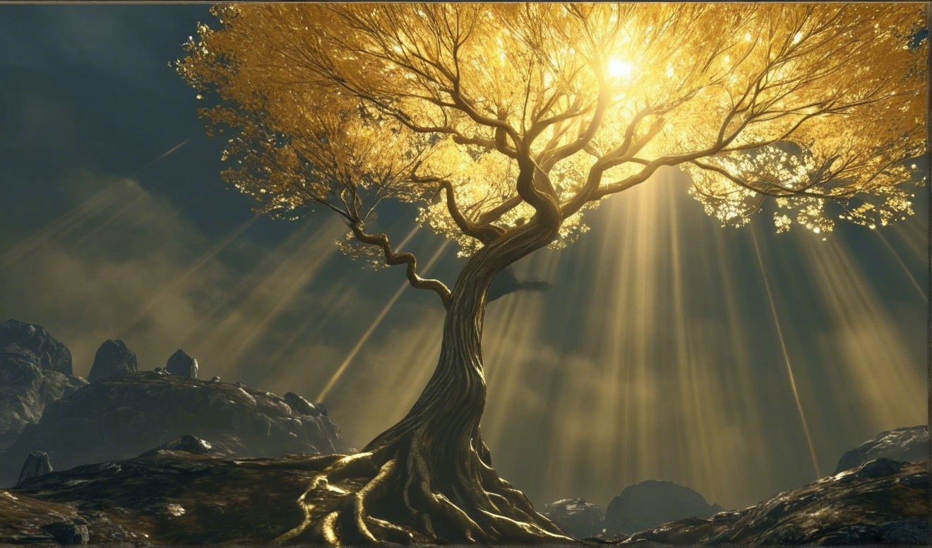 Majestic Golden Tree in Dramatic Landscape Setting