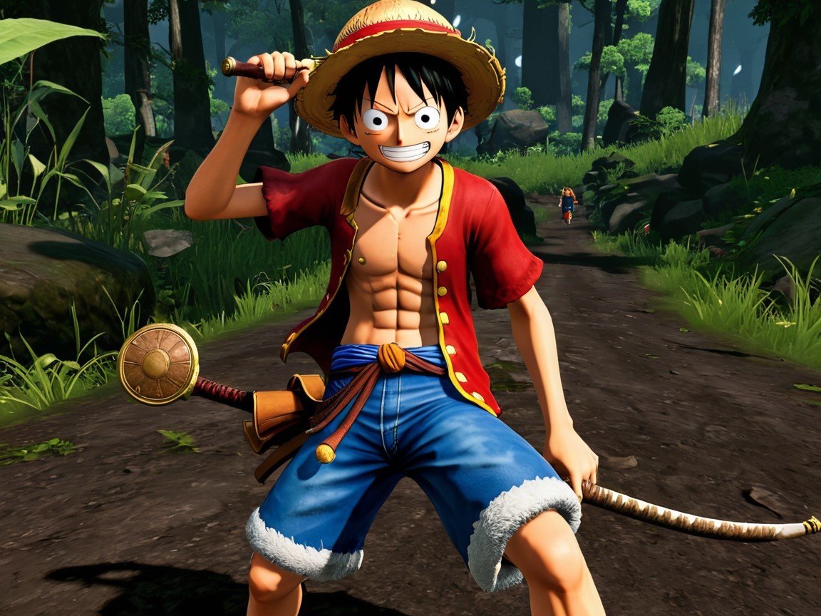 Character in Straw Hat on Forest Path with Sword