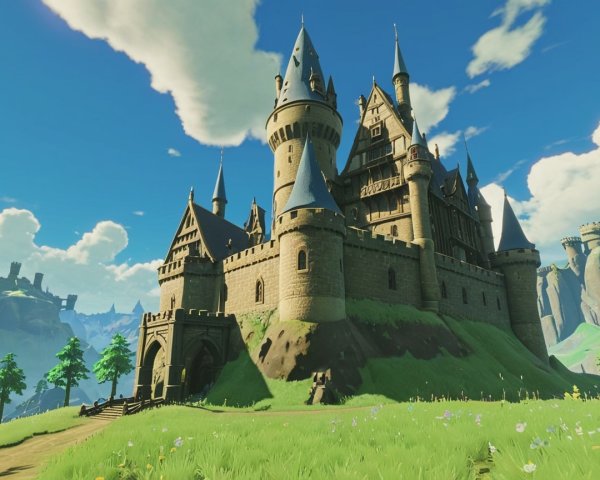 Majestic Castle on a Grassy Hill Surrounded by Nature