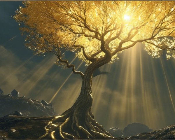 Majestic Golden Tree in Dramatic Landscape Setting