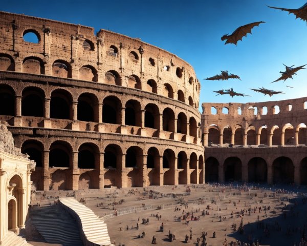 Ancient Roman Colosseum with Dragons in the Sky