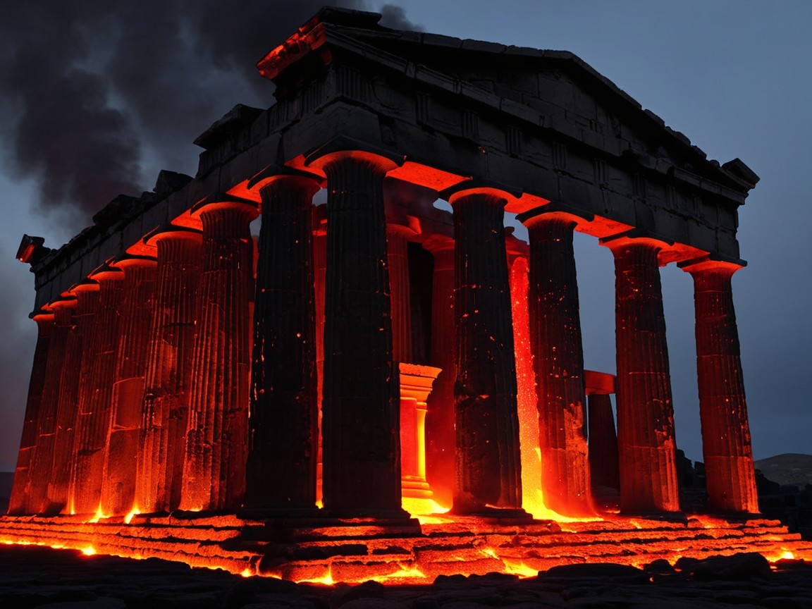 Ancient Temple Surrounded by Flowing Lava and Smoke