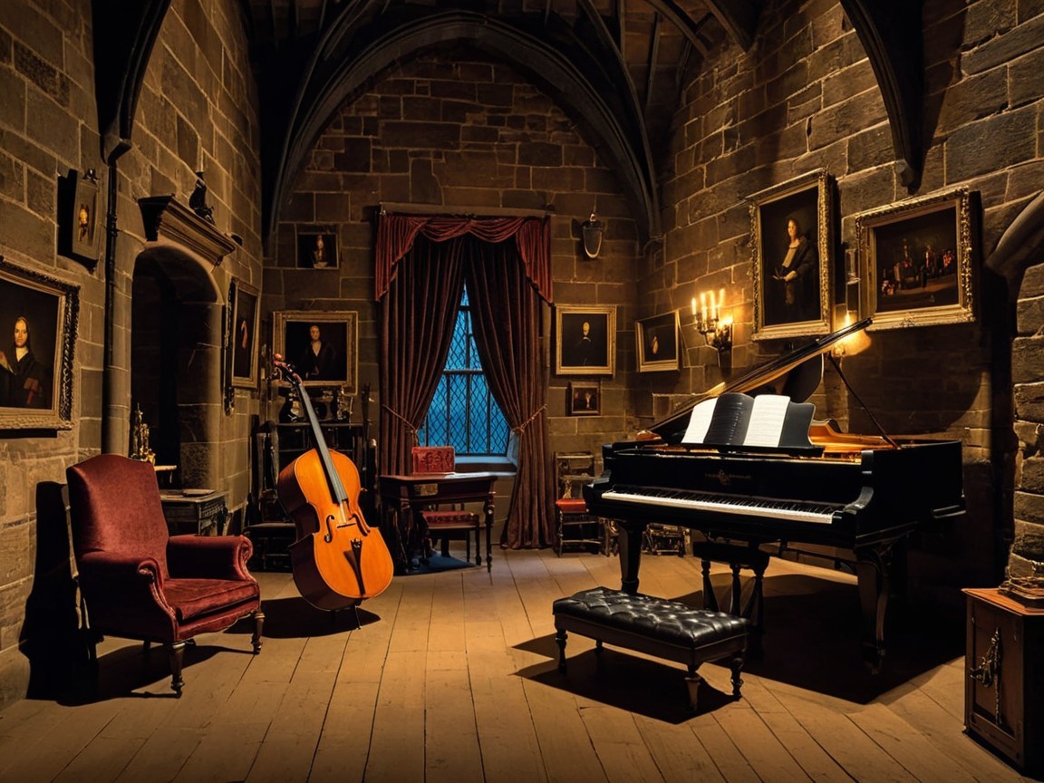 Elegant Dimly Lit Room with Piano and Cello