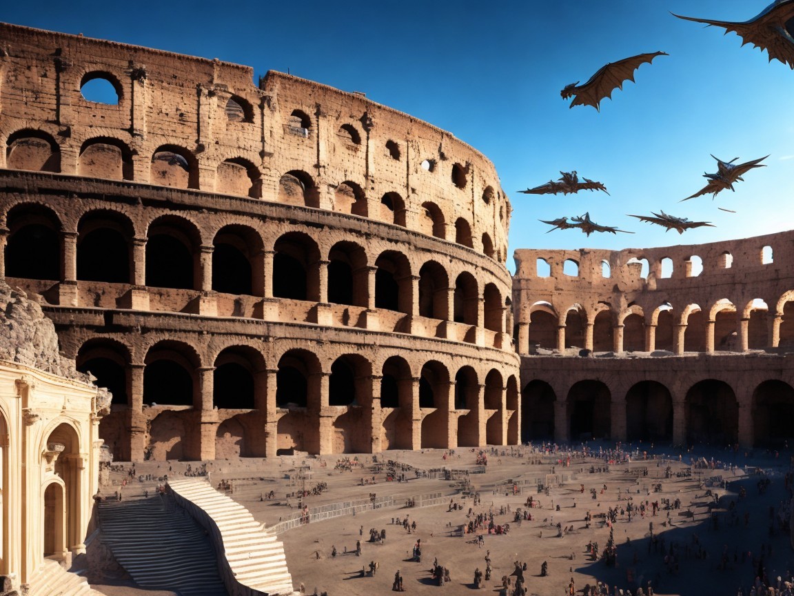 Ancient Roman Colosseum with Dragons in the Sky