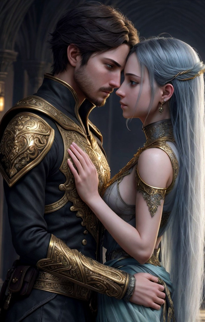 Medieval-themed digital artwork of a man and woman in ornate attire in a somber, go