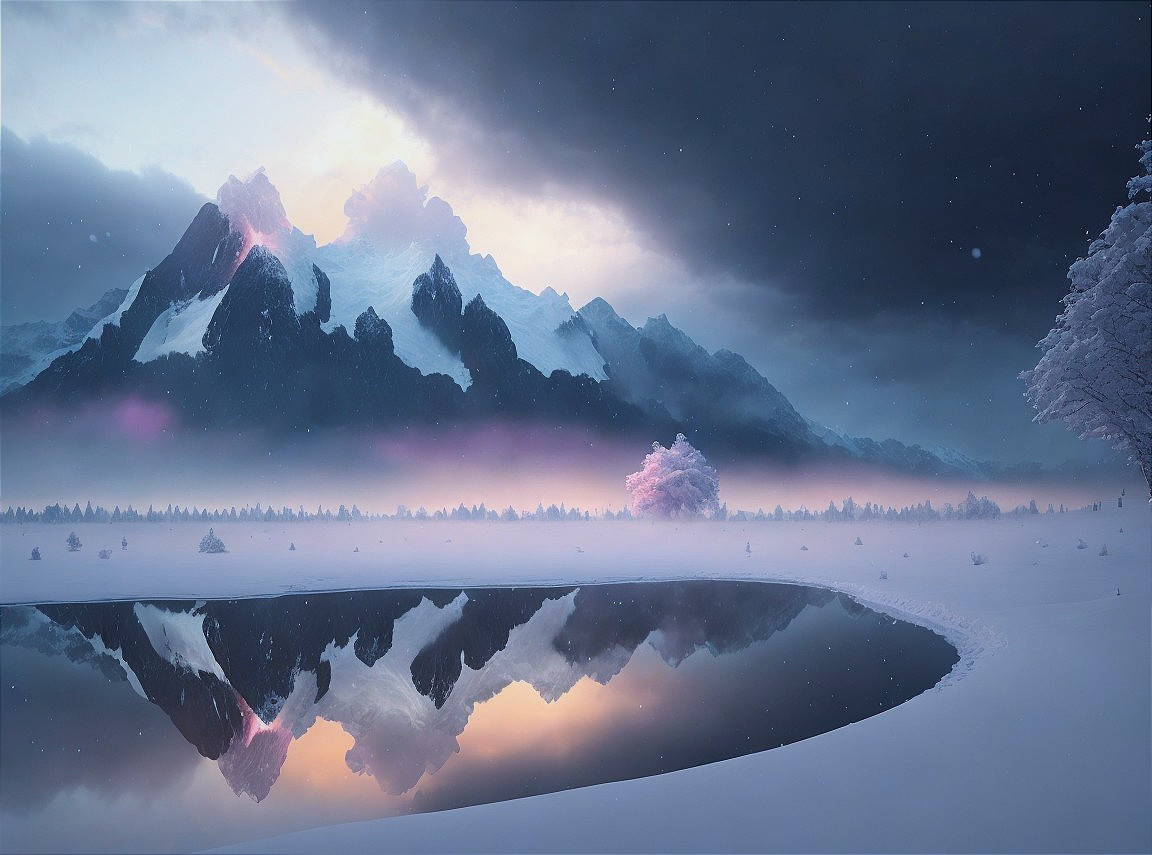 Snow-covered mountains, pink sky, lone tree, calm lake - Serene Winter Landscape